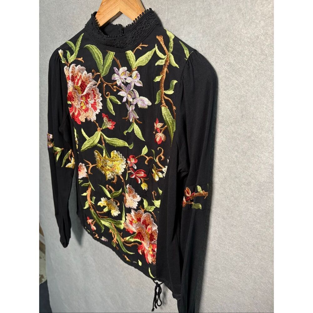 Anthropologie Tiny XS Embroidered Floral Blouse Black Mock Neck Boho Cottagecore - Picture 3 of 11